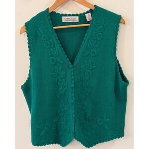 Karen Scott Green Embroidered Knit Sweater Vest Large